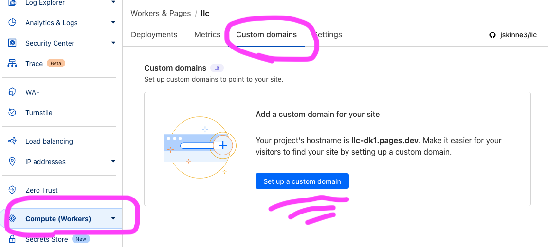 Set up a custom domain button within Compute (Workers) menu
