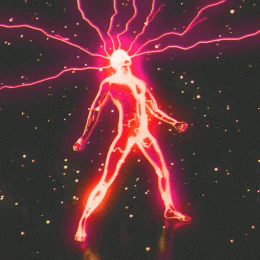 A futuristic drawing of a glowing human form with lightning bolts radiating from the head