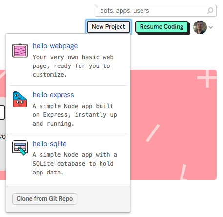 A screenshot of the Glitch's New Project menu, which consists of: a basic web page, a Node app built on Express, and a Node app with a database