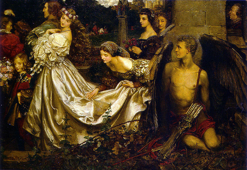 An Pre-Raphaelite style painting of allegorical figures, including a woman in a white wedding dress, another woman bending over to examine the train of the dress, and Cupid with arrows.